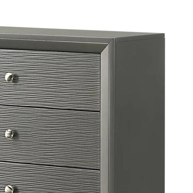 Deny Tall Dresser Chest, 5 Drawers, Silver Round Knobs, Metallic Gray Wood