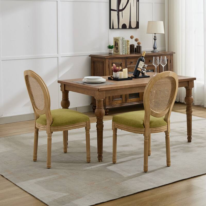 GDF Studio - French Wooden Frame Linen Fabric Rattan Back Dining Chair Set (Set of 2)