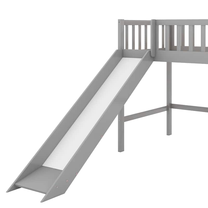Gray Twin Size Wood Low Loft Bed with Slide