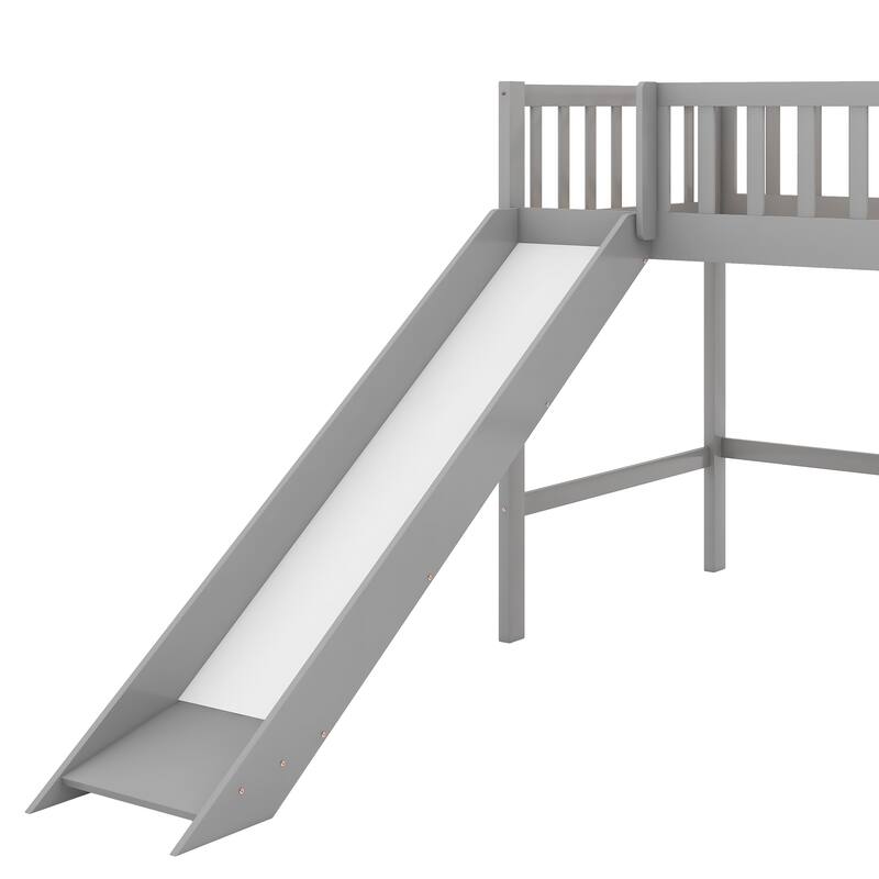 Low Loft Bed Kids Bed with Slide for Boys Girls, Loft Bed Toddler Bed with Ladder and Safety Guardrail Wood Slat Support
