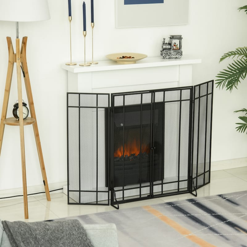 HOMCOM 3-Panel Metal Mesh Screen Fireplace with Foldable Steel Spark Guard and Magnetic Doors, Black