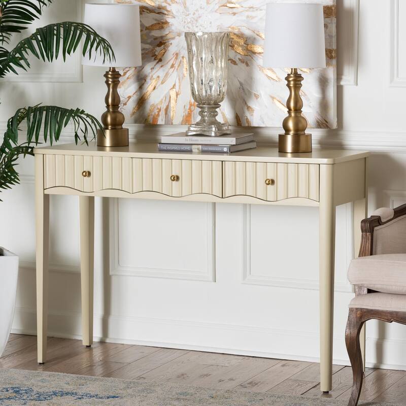 Leeba Console Table - 3-Drawer Accent Table with Fluted Wood and Scalloped Framing for Living Room, Hallway, or Entryway