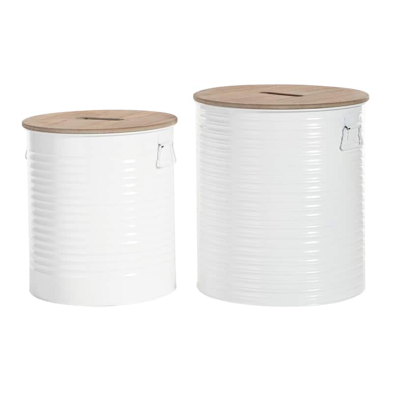 Metal Storage Stool with Brown Wood Top - Set of 2 White - Roche River Decor
