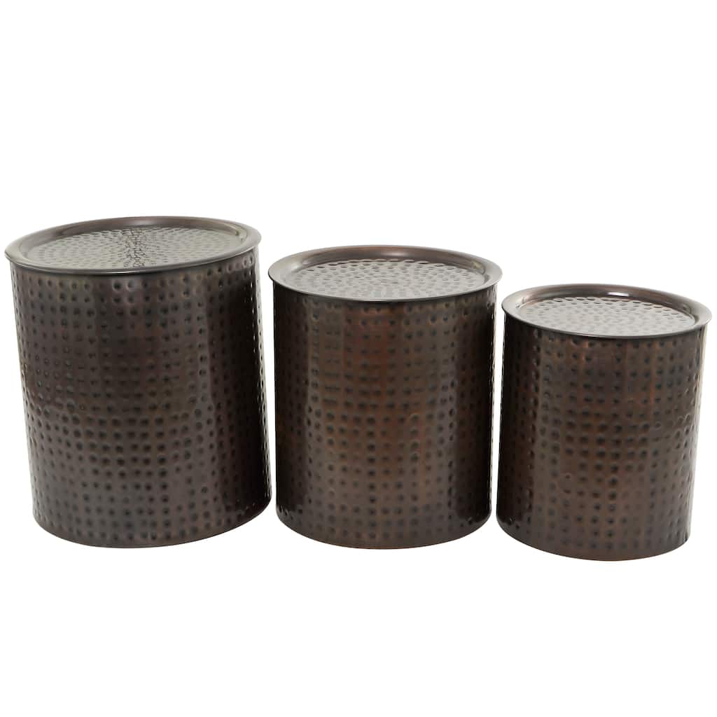 Metal Drum Handmade Accent Table with Hammered Design - Set of 3 Bronze - Roche River Decor - 18"W x 18"L x 21"H