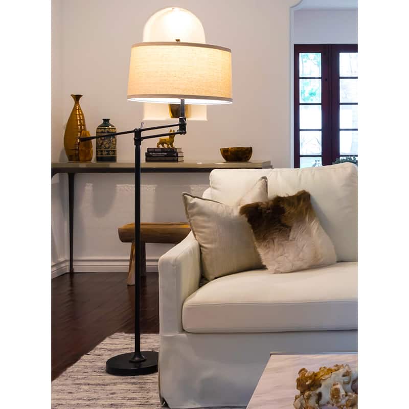 Brightech Ava 61 in. Classic Black Mid-Century Modern Height Adjustable LED Floor Lamp with Beige Fabric Drum Shade