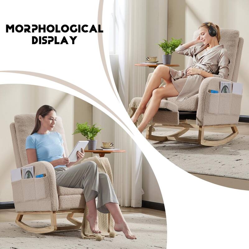 Wood Rocking Chair with Teddy Fabric and Side Pocket - 24.8"L x 29.5"W x 40.9"H