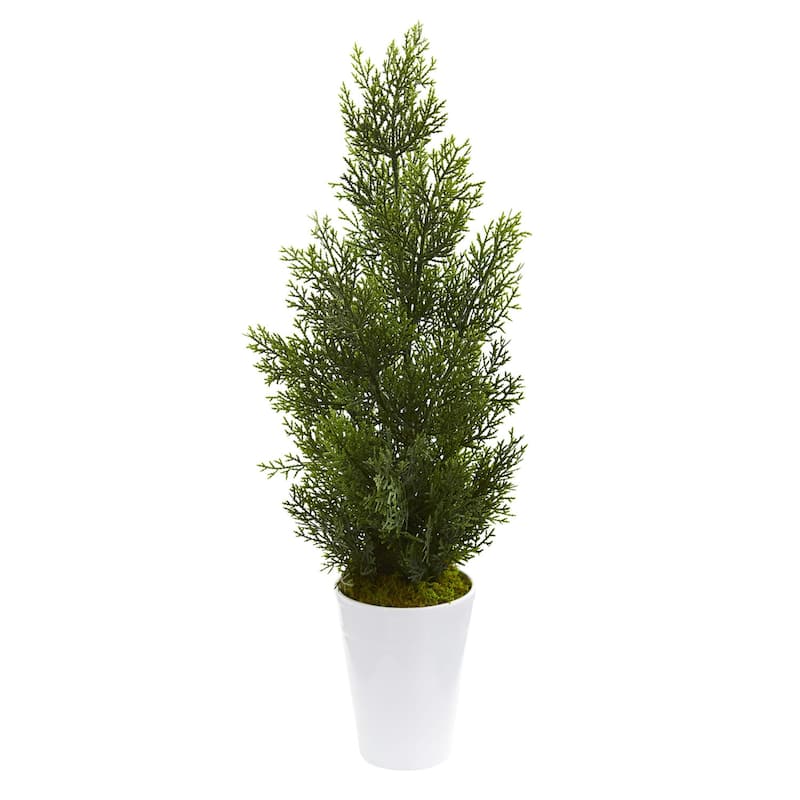 27in. Mini Cedar Pine Tree in Decorative Planter - Realistic Indoor Holiday X-Mas Accent for Corners & Spaces