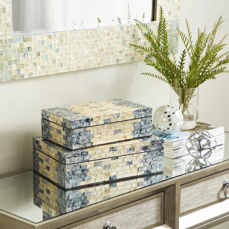 Mother of Pearl Shell Handmade Decorative Box with Hinged Lid Set of 2 Blue or Cream - Roche River Décor