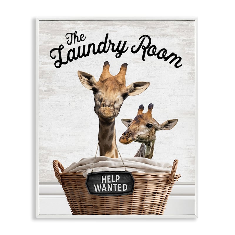 Stupell Help Wanted Laundry Room Giraffes Framed Giclee Art Design By Lettered and Lined - 24 x 30 - White