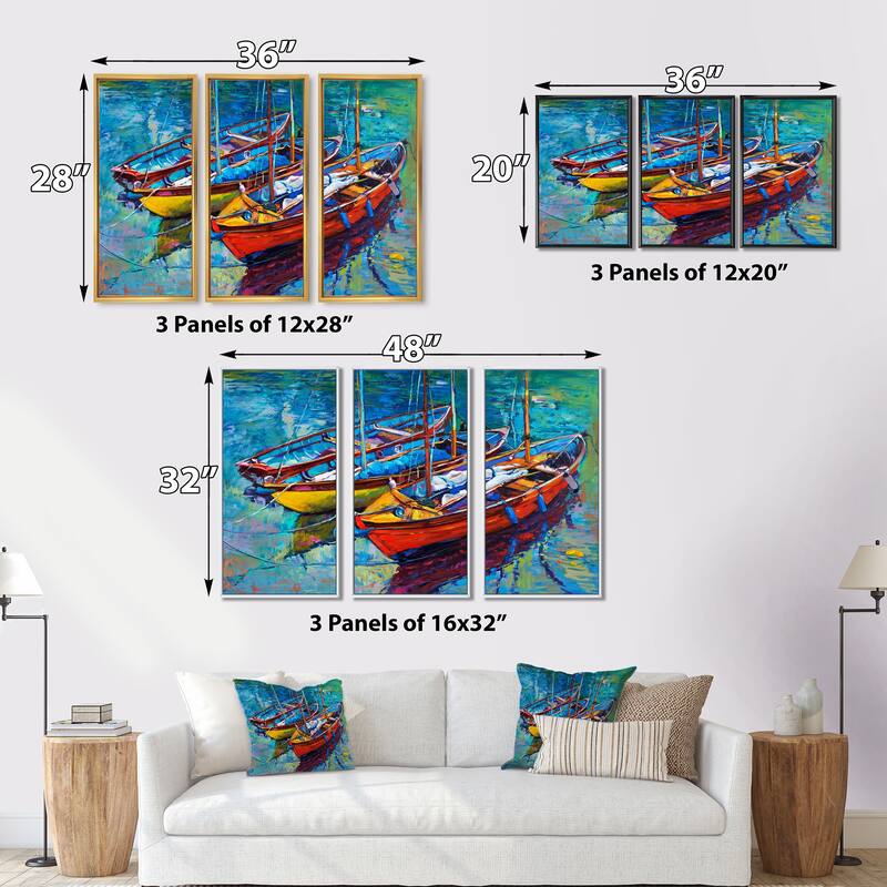 Designart "Three Boats In The Harbor" Nautical & Coastal Framed Wall