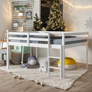 Full Size Low Loft Bed with inclined Ladder and Guardrails, White