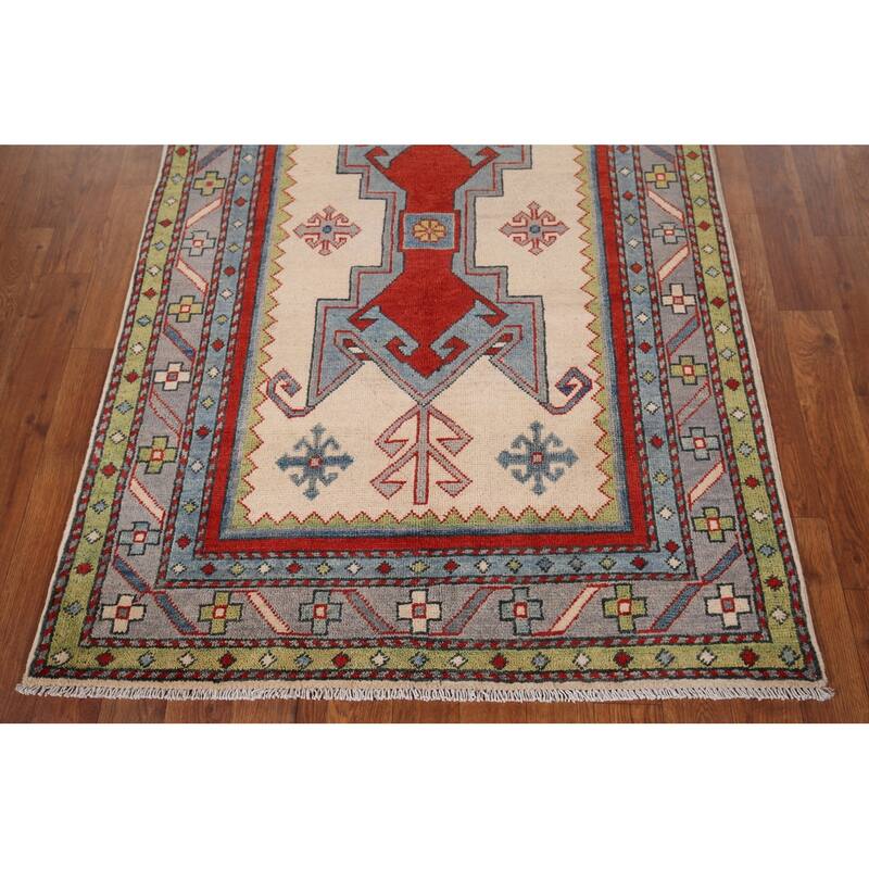 Ivory Geometric Kazak Oriental Foyer Rug Handmade Wool Carpet - 3'3" x 4'11"