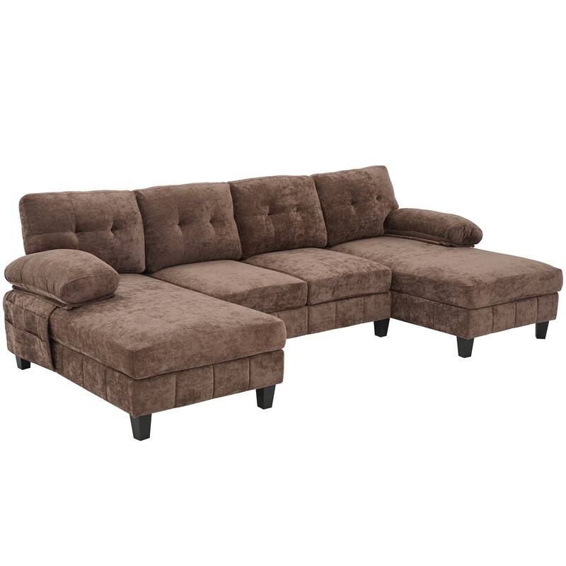 U-Shaped Modular Sectional Sofa with Dual Chaise Lounges, Chenille Fabric Cloud Couch with Storage Pockets & Armrest Pillows