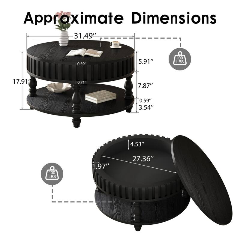 31.5" Farmhouse Round Fluted Coffee Table with Flip-Top Lids and Spacious Hidden Storage