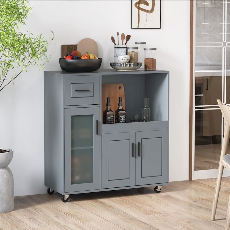 Gymax Kitchen Island Cart on Wheels Microwave Cabinet w/ Frosted