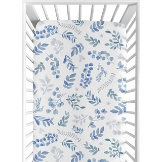 Floral Leaf Collection Boy or Girl Fitted Crib Sheet - Blue Grey White Boho Watercolor Botanical Flower Woodland Tropical Garden