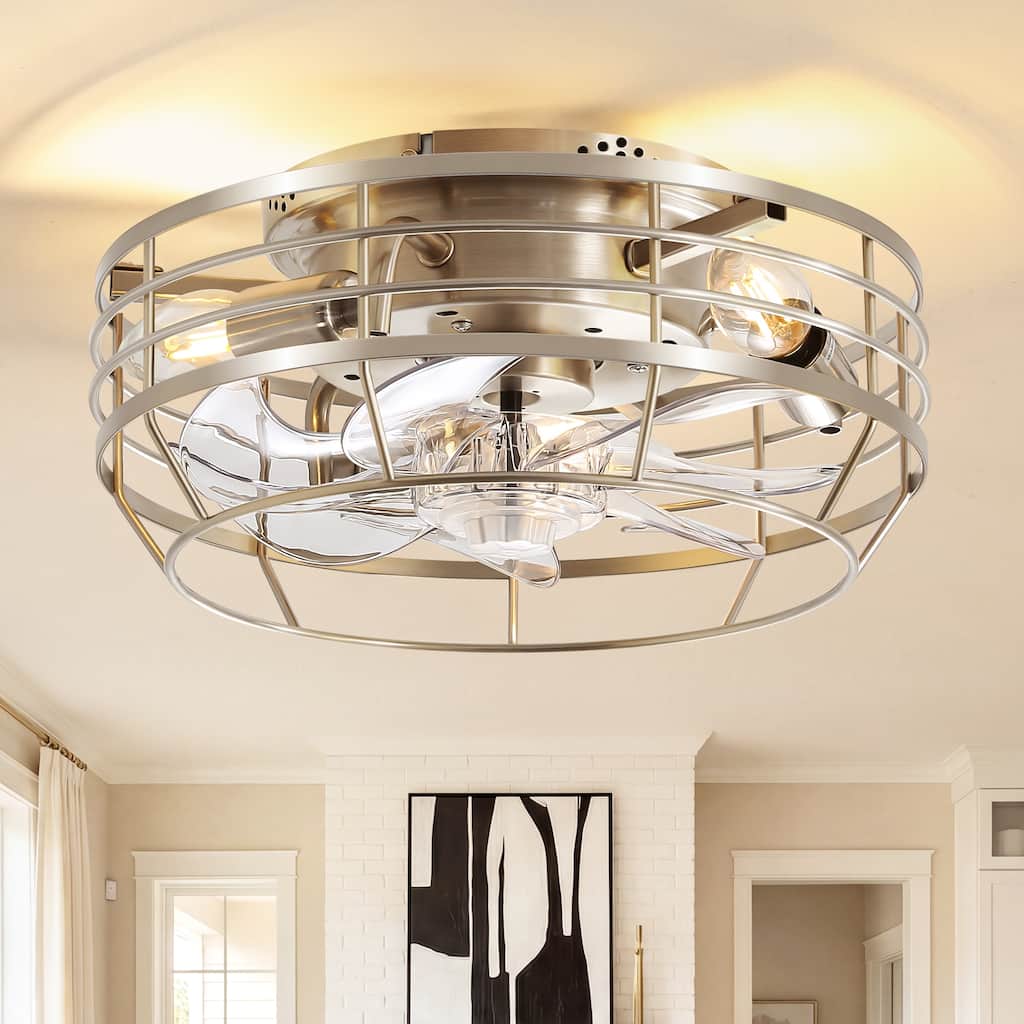 11.8-Inch Modern Caged Ceiling Fan with Lights, Flush Mount Quiet Reversible DC Motor, 6-Speed Remote Control, Satin Nickel
