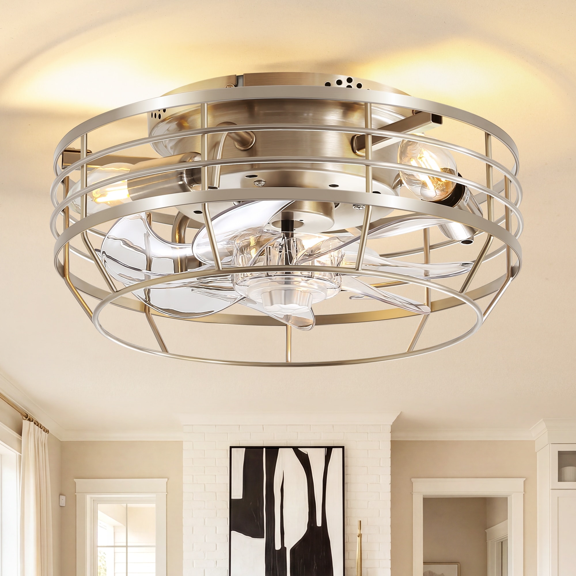 11.8-Inch Modern Caged Ceiling Fan with Lights, Flush Mount Quiet Reversible DC Motor, 6-Speed Remote Control, Satin Nickel