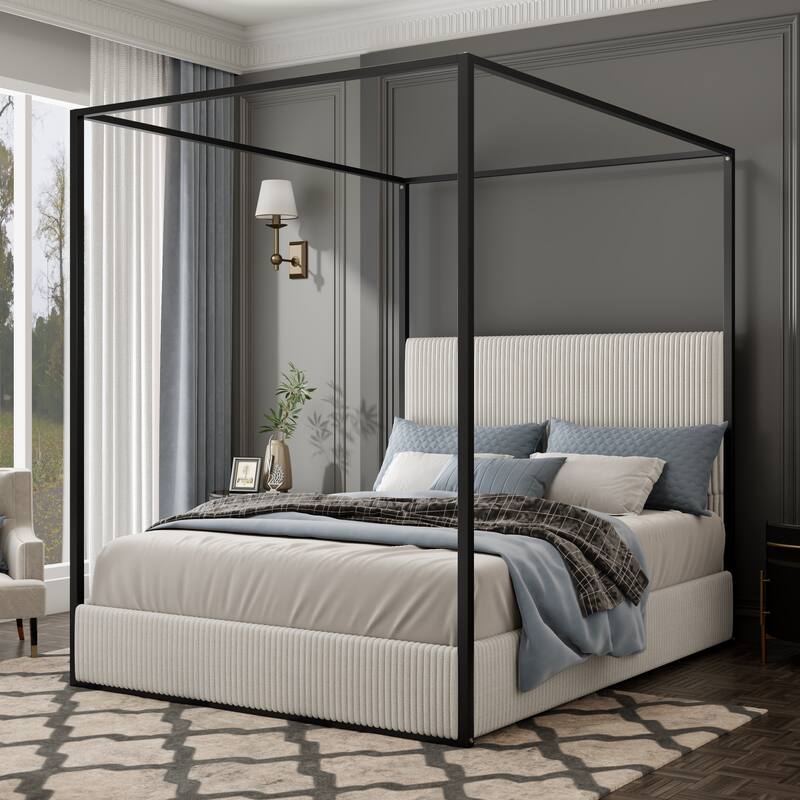 Contemporary Corduroy Upholstered Canopy Bed with Tall Headboard & Sleek Metal Frame