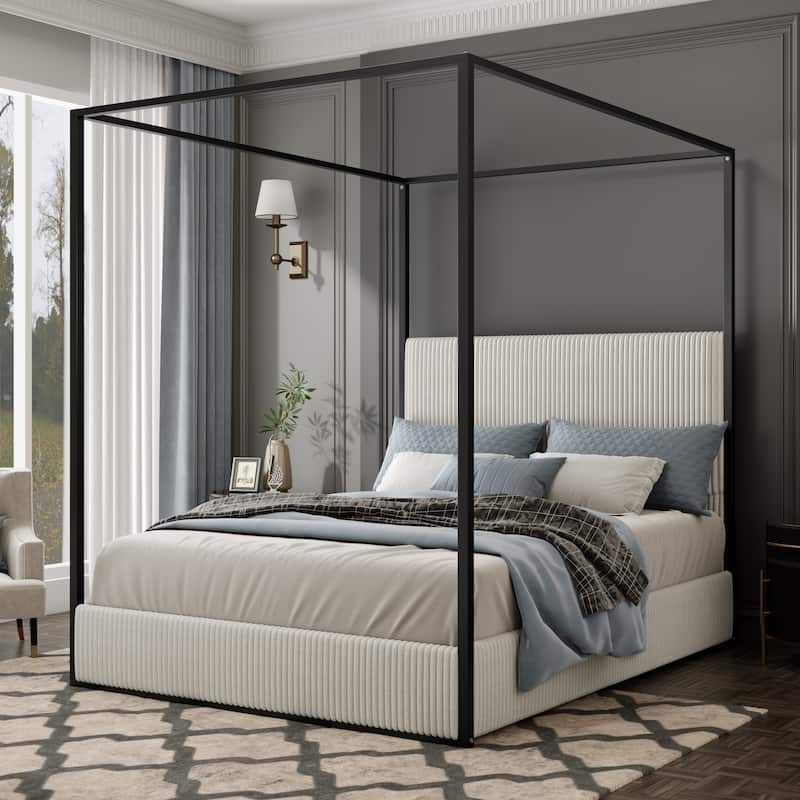 Metal Canopy Frame Platform Bed with Vertical Stripe Upholstered Headboard Wingback Bed, Four Poster Bed, Low Profile Panel Bed - White - King