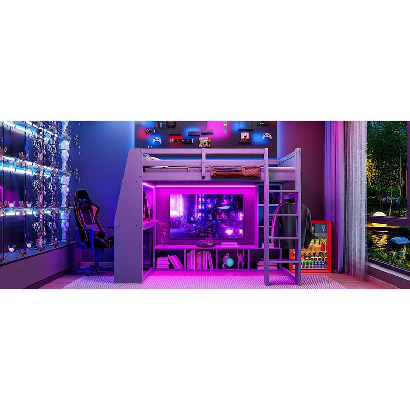 Roomfitters Twin/Full Gaming Loft Bed with Desk, Hanging Rack and LED Lights, Black and Red