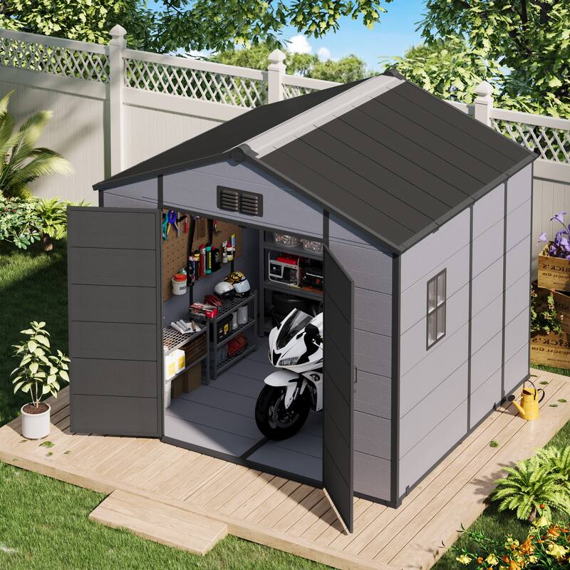 EROMMY Outdoor Storage Shed with Built-In Floor, Lockable Double Doors & Sloped Roof, Gray/Black