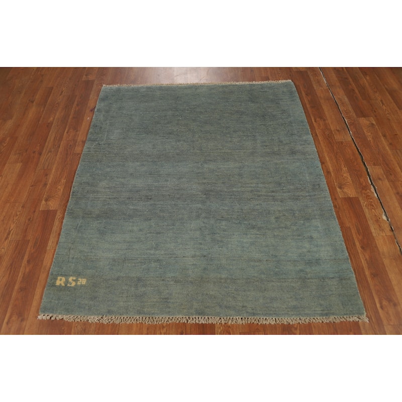 Blue Green Gabbeh Accent Modern Rug Handmade Wool Carpet - 3'11" x 4'7"
