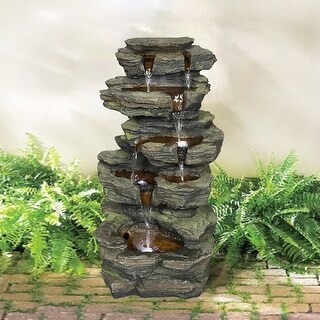5 Tier Outdoor Waterfall Fountain with Lights, 24-inch