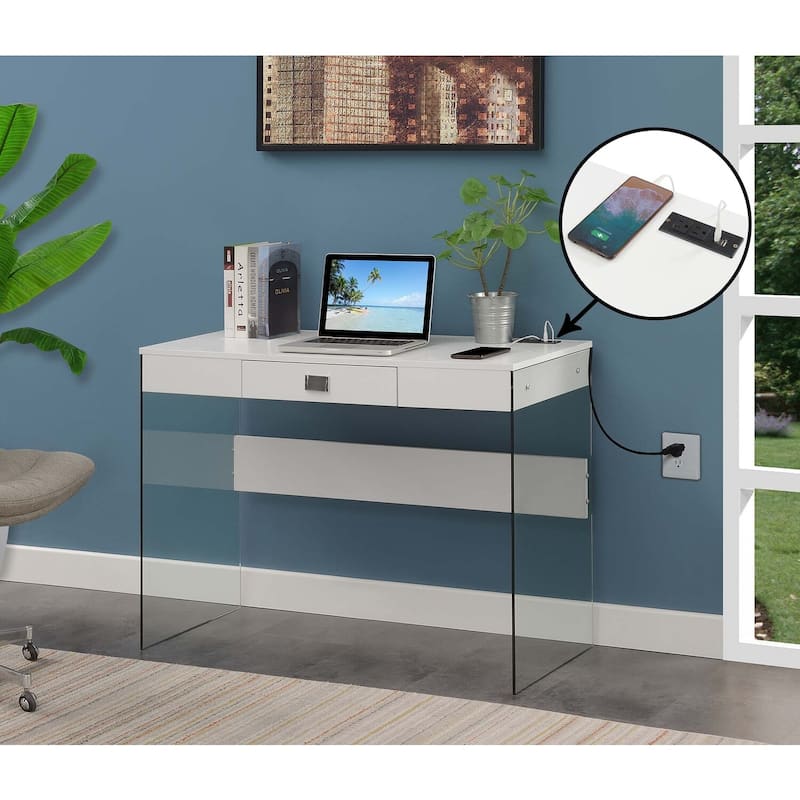 42 Inch Glass Desk with Charging Station - Modern Computer Study Writing Desk with USB Ports & Outlets