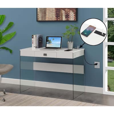42 Inch Glass Desk with Charging Station - Modern Computer Study Writing Desk with USB Ports & Outlets