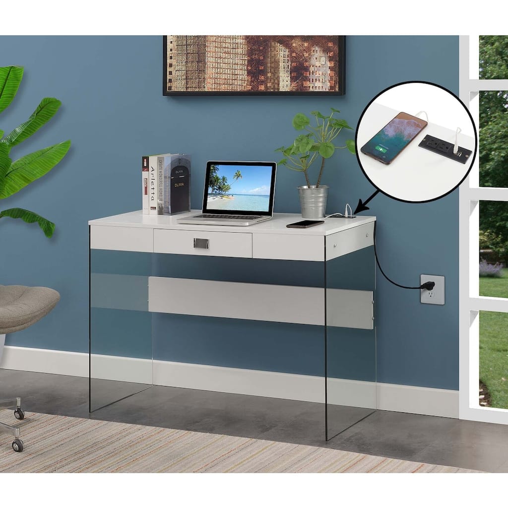 42 Inch Glass Desk with Charging Station - Modern Computer Study Writing Desk with USB Ports & Outlets