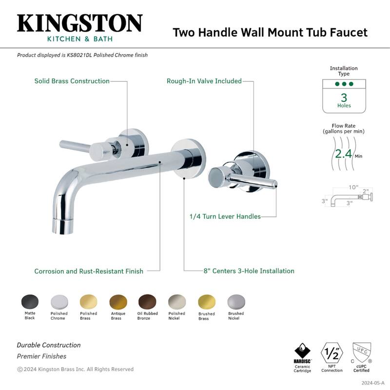 Concord 3-Hole Wall Mount Roman Tub Faucet in Polished Nickel
