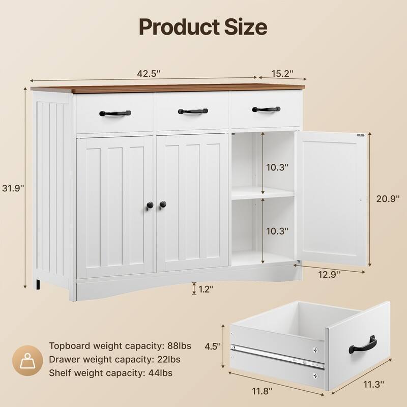 42.5" Farmhouse Buffets Sideboard, Modern Wood Kitchen Storage Cabinet with Adjustable Shelf