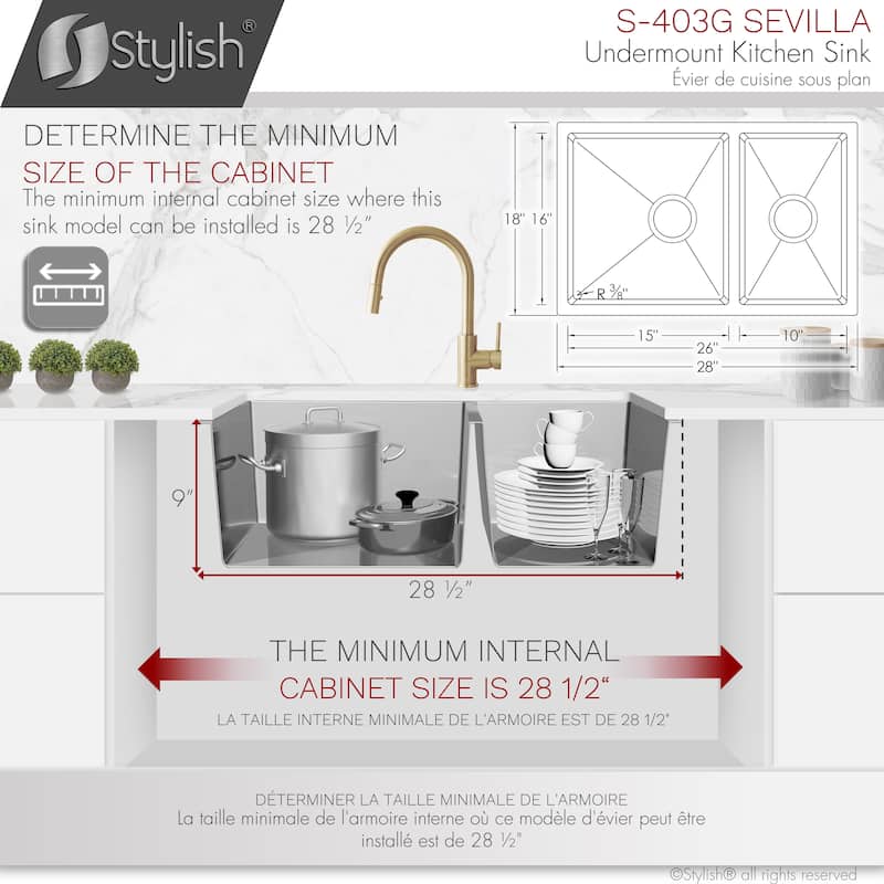 Undermount 28" Stainless Steel Double-Bowl 60/40 Kitchen Sink S-403G - 28" x 18" x 9"