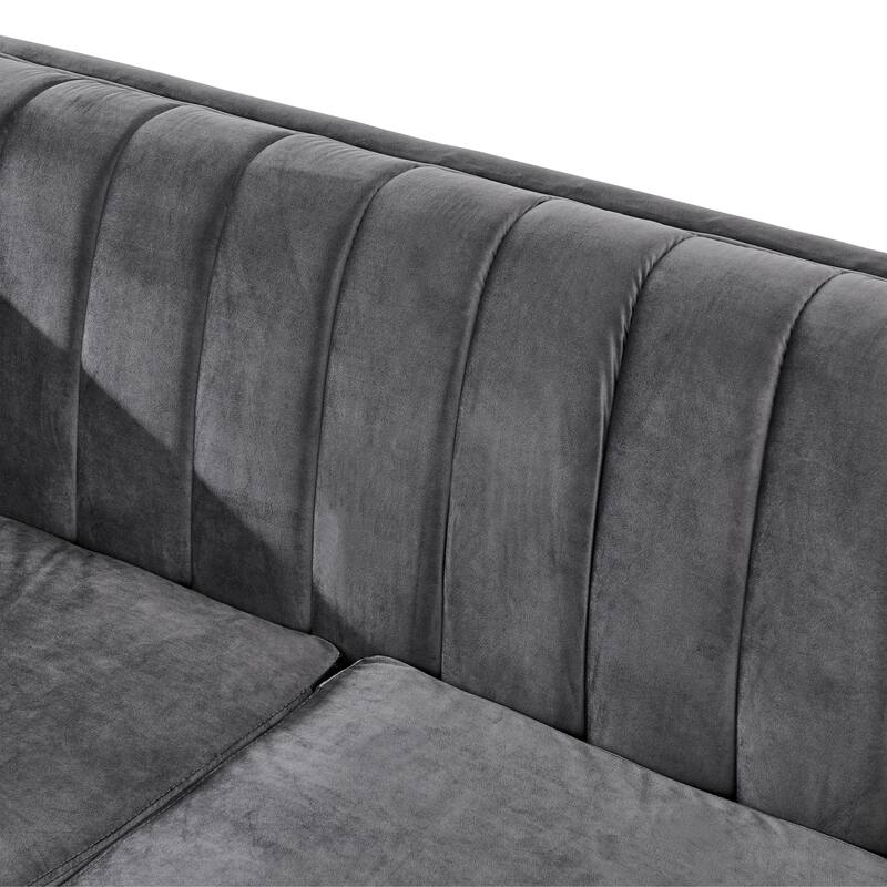 69 Inches Gray Velvet Loveseat with Gold Stainless Steel Trims and Embroidered Texture