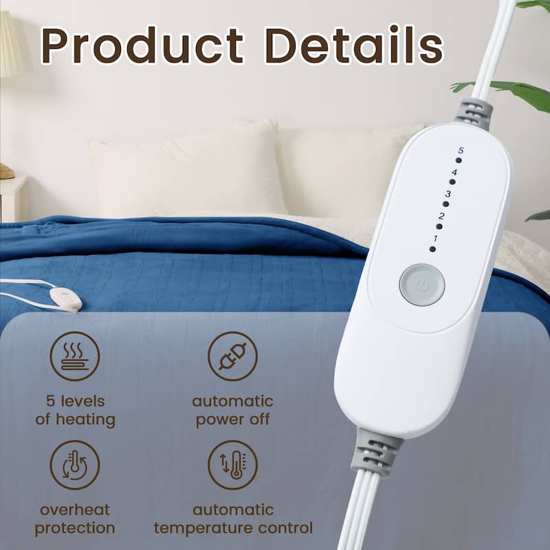 Flannel and Sherpa Fleece Throw Heated Blanket with a Controller