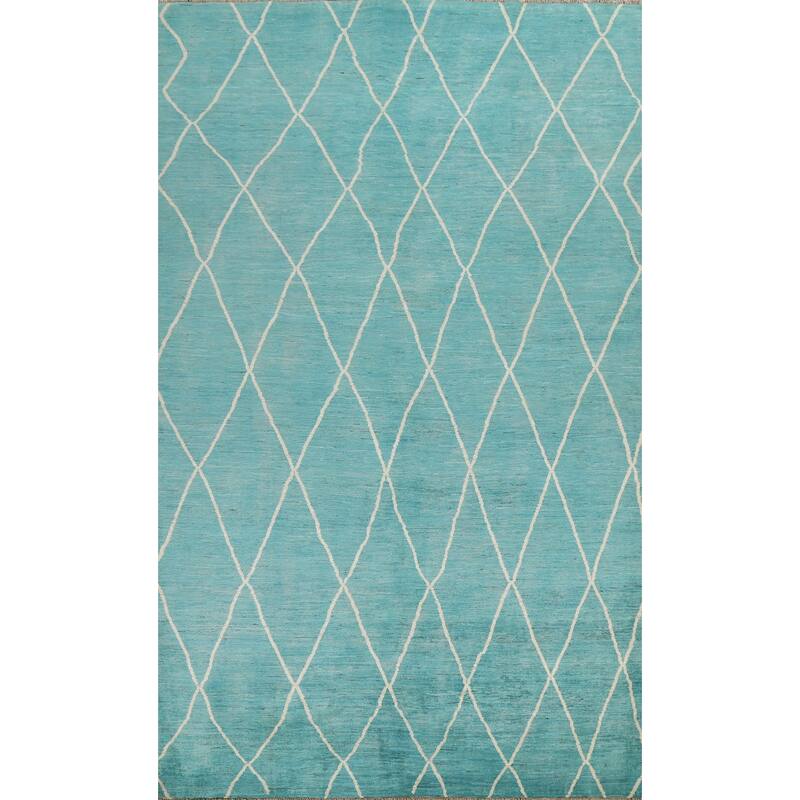 Turquoise Trellis Moroccan Vegetable Dye Area Rug Handmade Wool Carpet - 6'4" x 9'5"