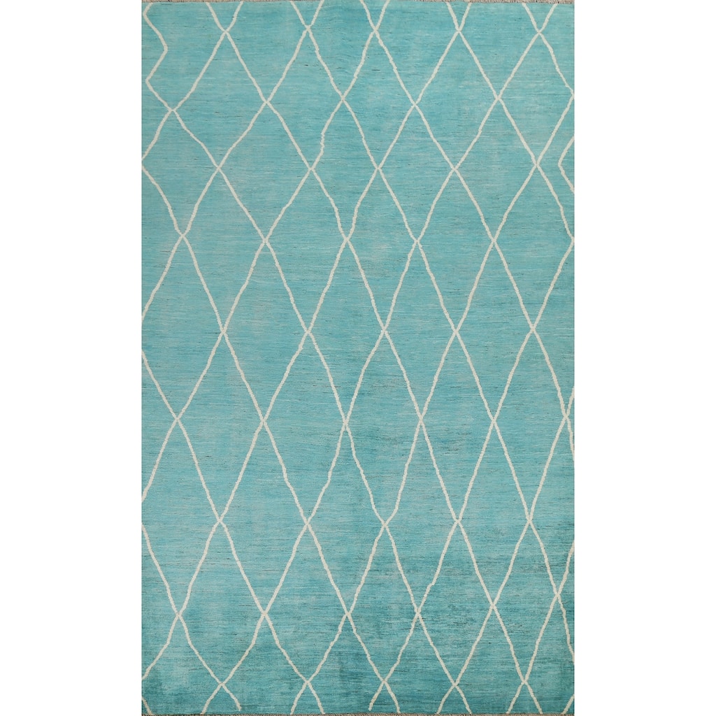 Turquoise Trellis Moroccan Vegetable Dye Area Rug Handmade Wool Carpet - 6'4" x 9'5"