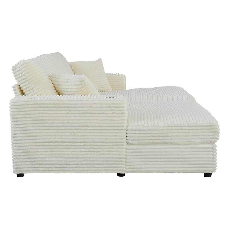 86.5" Corduroy Chaise Lounge Sofa Bed with USB & Cup Holders