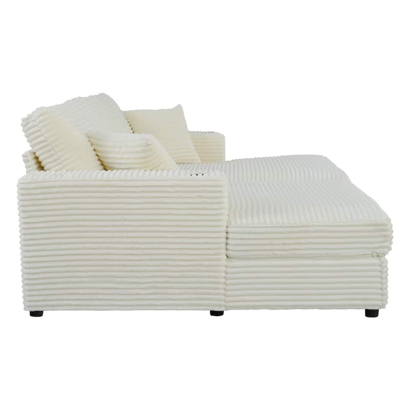 Roomfitters Oversized Loveseat Chaise Lounge Sectional Sofa Bed, Corduroy Sleeper with USB Ports, Cup Holders
