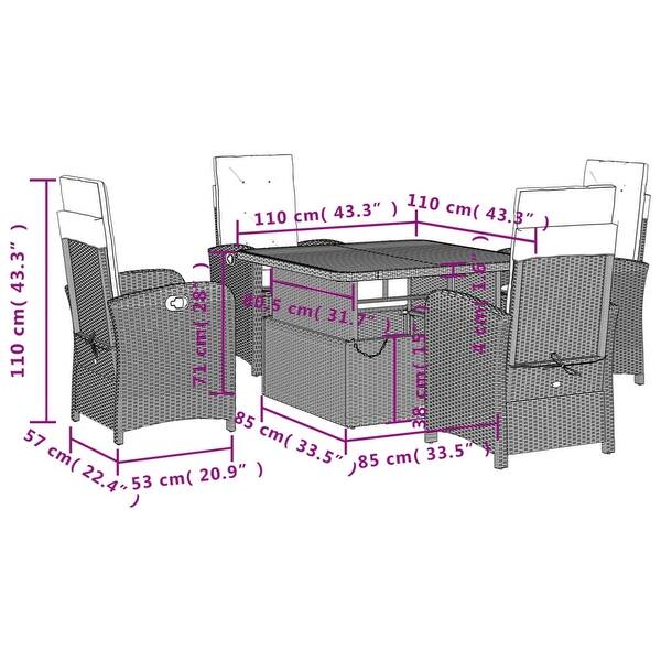 dimension image slide 23 of 31, vidaXL Patio Dining Set with Cushions Outdoor Seating Gray Poly Rattan