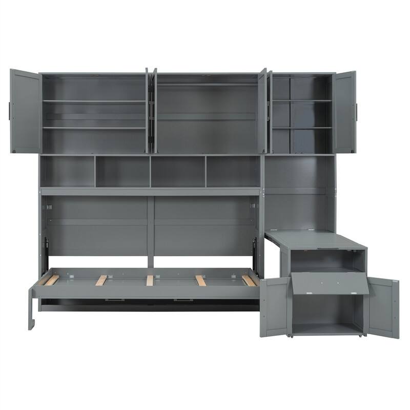Twin Size Murphy Bed with Closet, Desk and Storage Shelves, Space Saving Design Murphy Bed Cabinet with Open Storage