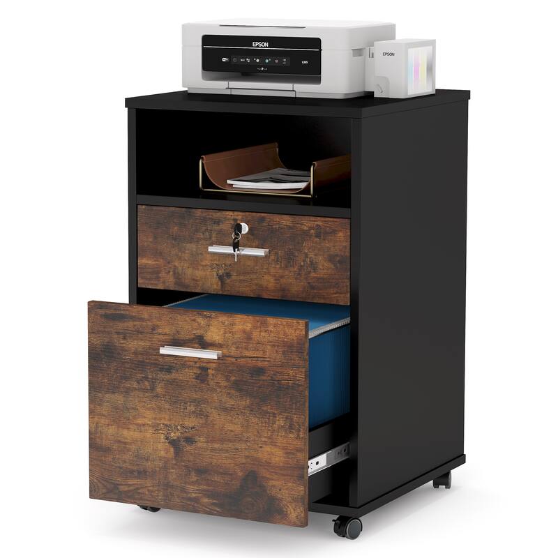 2 Drawer Mobile File Cabinet with Lock, Wood Modern Filing Cabinet