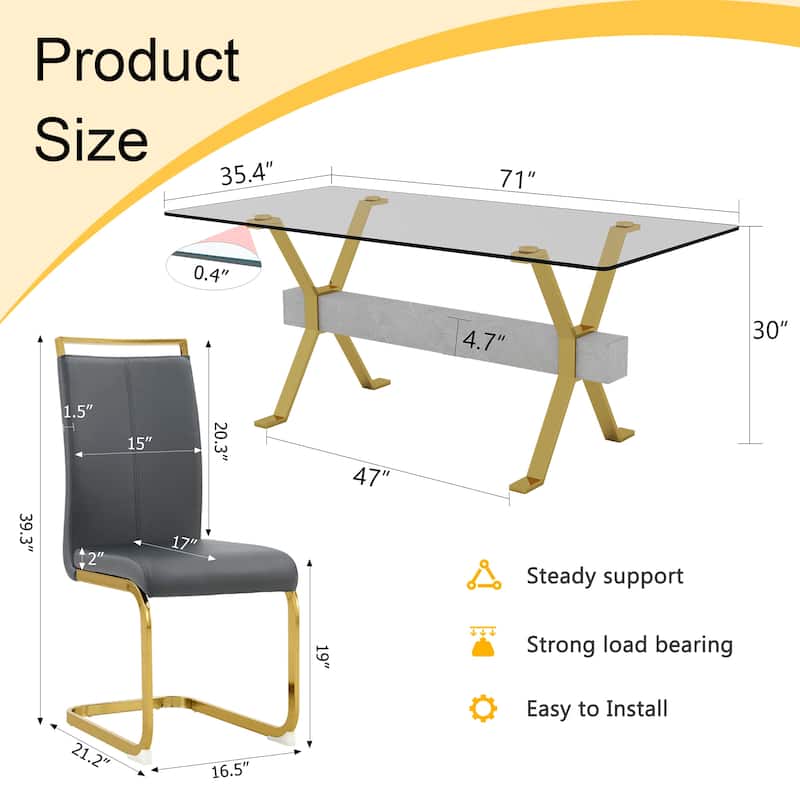 9-Piece Glass Dining Table Set for 8, 71" Rectangular Table with Gold Metal Base, 8 PU Dining Chairs for Kitchen, Dining Room