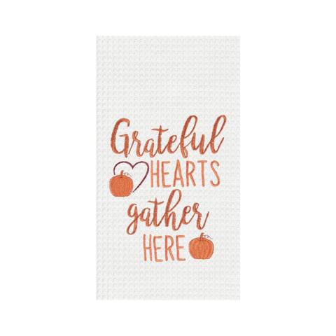 Grateful Hearts Gather Here Embroidered Waffle Weave Kitchen Towel