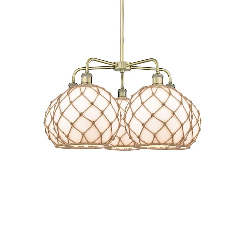 Innovations Lighting 516-5CR-18-29 Farmhouse Rope Chandelier Farmhouse - Antique Brass / White Glass with Brown Rope