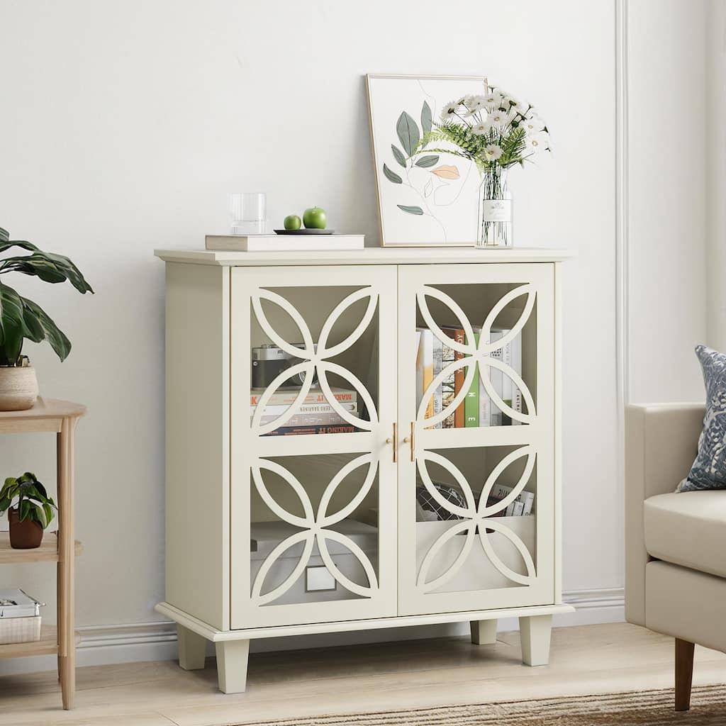 Anmytek Freestanding 2 Door Sideboard Buffet Tempered Glass Storage Cabinet