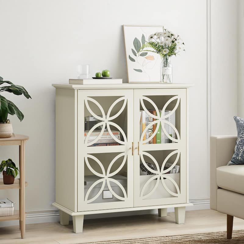 Sideboard Buffet Cabinet With Shelves,Freestanding Cabinet With Tempered Glass Doors,Modern Retro Console Table,2-Door Cabinet - Cream Color