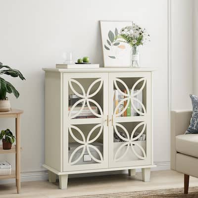 Sideboard Buffet Storage Cabinet, Freestanding Bathroom Cabinet With Tempered Glass Doors, Modern Retro Kitchen Console Table