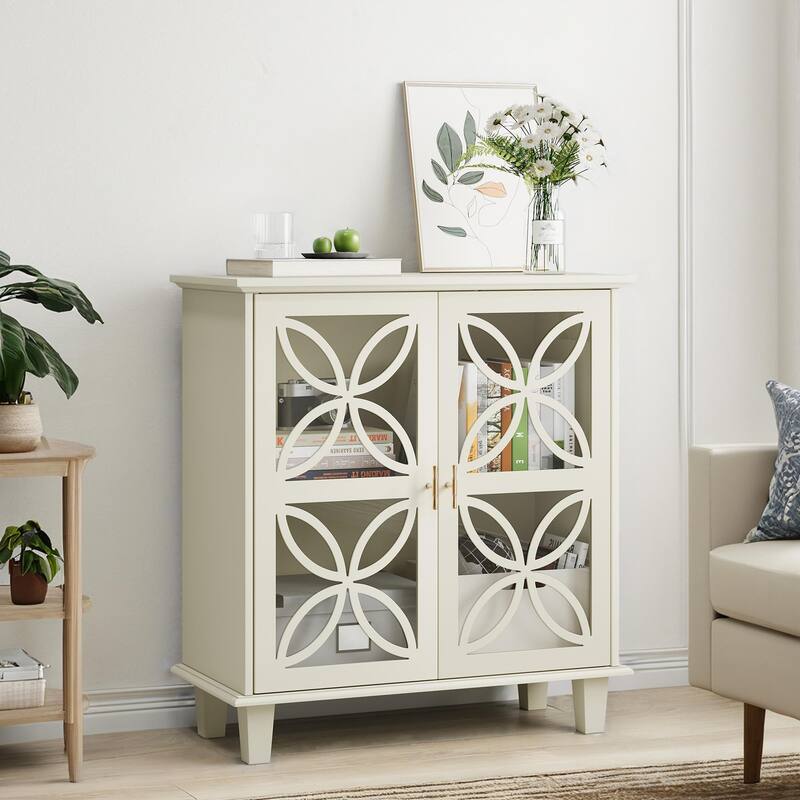 Sideboard Buffet Storage Cabinet With Adjustable Shelves, Freestanding Bathroom Cabinet With Tempered Glass Doors - Cream Color